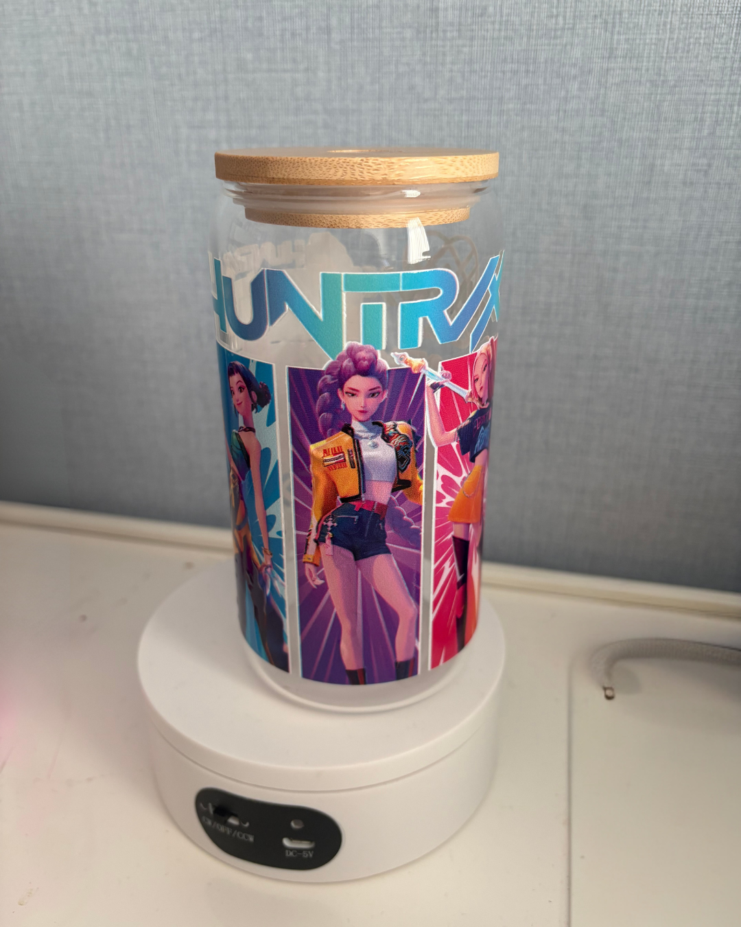 HUNTRIX Demon Hunters 16oz Glass Cup ✨ Anime-Inspired Tumbler with Bamboo Lid